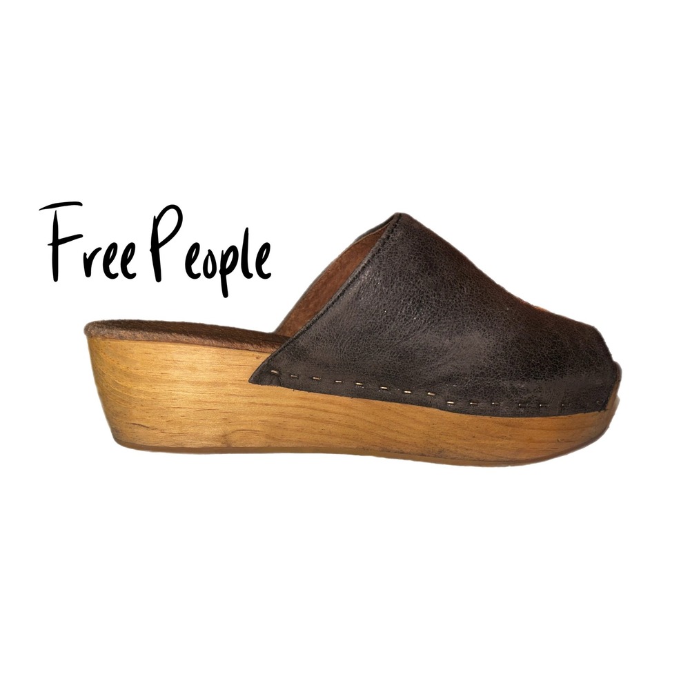 Black Slip-on Leather Wood Platform Calli Clogs Boho 70s size: 6 Free People